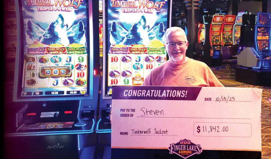 Steven from Camillus won $11,842 on Timber Wolf Triple Power.